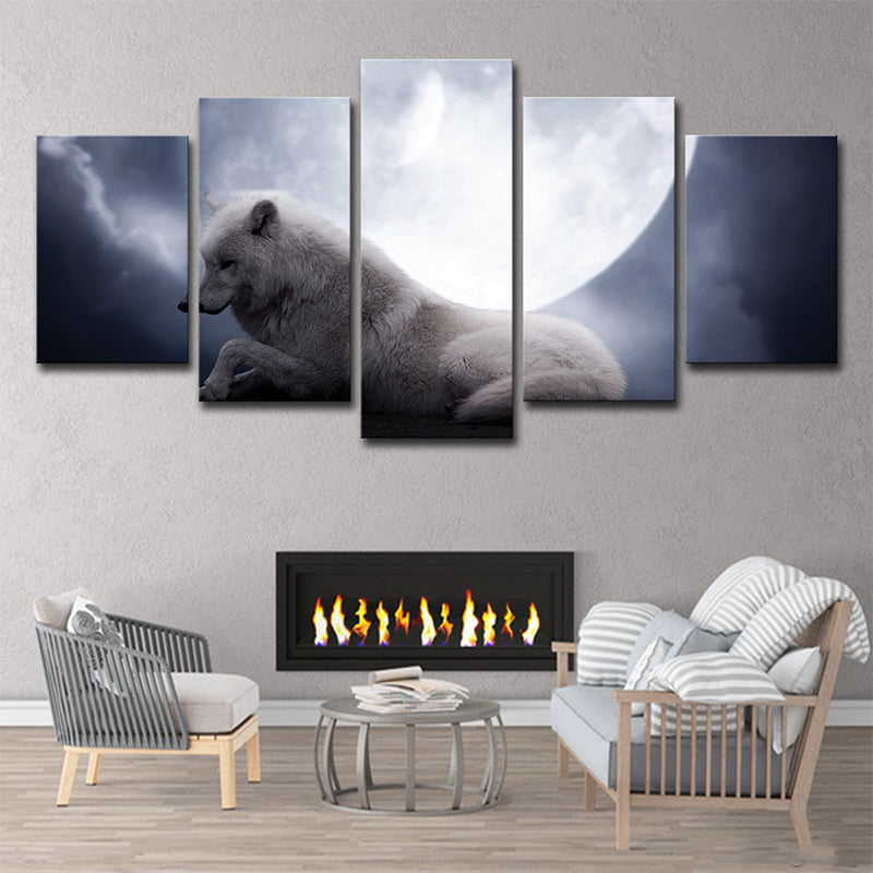 Vivolux | Witte Wolf en Maan Kunstafdruk Multi-Stuk Modernisme Zitkamer Wanddecoratie
