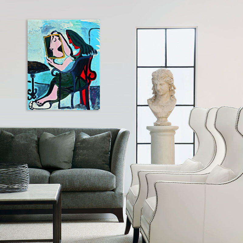 Vivolux | Traditionelle Menschen Wanddekoration Abstrakte Frau, die in den Spiegel schaut, Blau Leinwandkunst für das Wohnzimmer