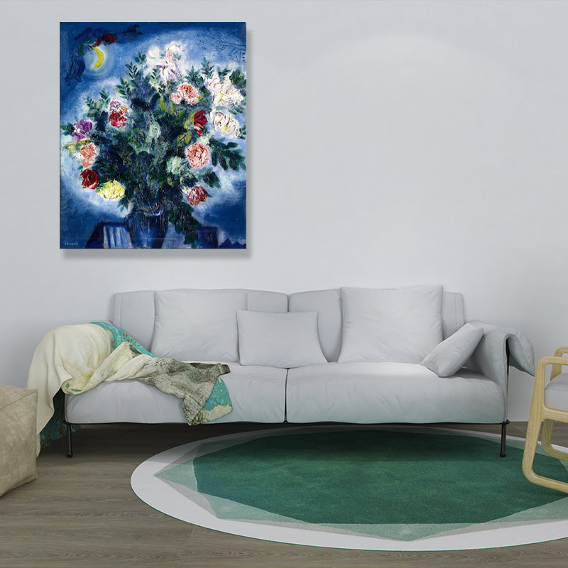 Vivolux | Textured People Malen Eine Menge Blumen und Mond Blaue Wandkunst Dekor für Schlafzimmer