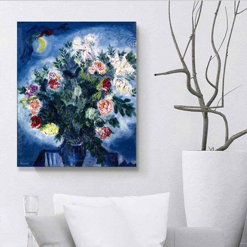 Vivolux | Textured People Malen Eine Menge Blumen und Mond Blaue Wandkunst Dekor für Schlafzimmer