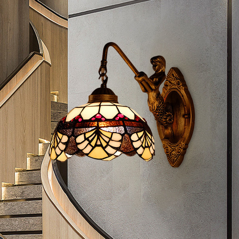 Vivolux | 1 Kopf Scalloped Kuppel Wandleuchte Tiffany Gold Cut Glas Wandleuchte mit Meerjungfrau/schwingendem Arm