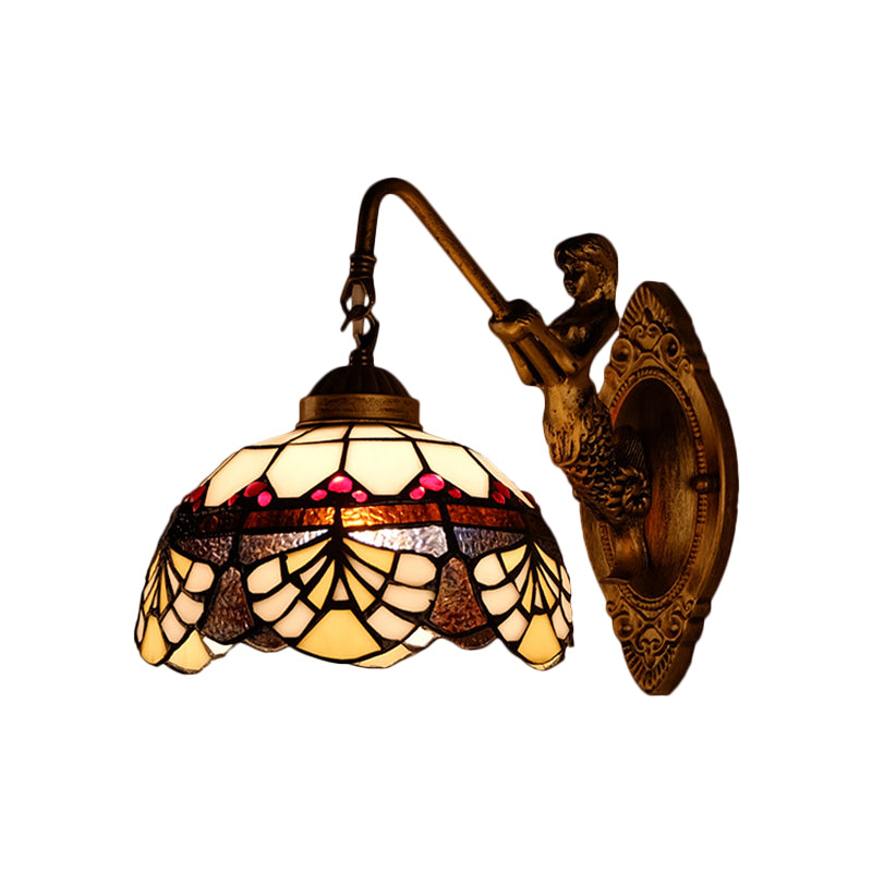 Vivolux | 1 Kopf Scalloped Kuppel Wandleuchte Tiffany Gold Cut Glas Wandleuchte mit Meerjungfrau/schwingendem Arm