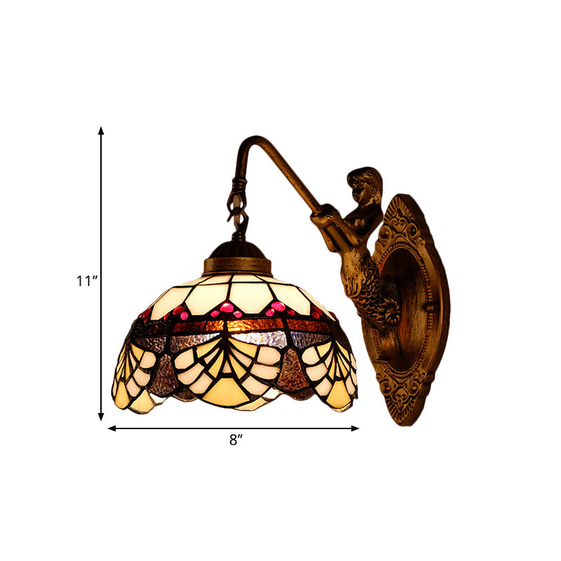 Vivolux | 1 Kopf Scalloped Kuppel Wandleuchte Tiffany Gold Cut Glas Wandleuchte mit Meerjungfrau/schwingendem Arm