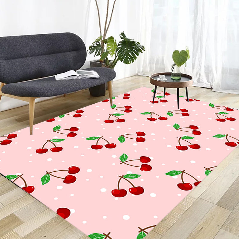 Vivolux | Roze Kinder Tapijt Synthetisch Kersenpatroon Tapijt Huisdiervriendelijk Wasbaar Antislip Ondergrond Vloerkleed voor Decoratie
