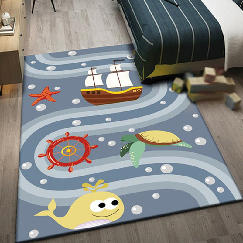 Vivolux | Süßer Wal Muster Teppich Blau Kinder Teppich Polyester Haustierfreundlich Waschbarer Bereichsteppich für das Kinderzimmer