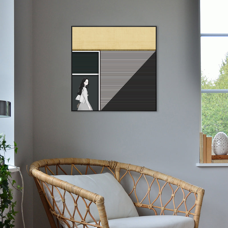 Vivolux | Walking Young Girl Wanddekor in Schwarz zeitgenössischem Stil Leinwand für das Wohnzimmer