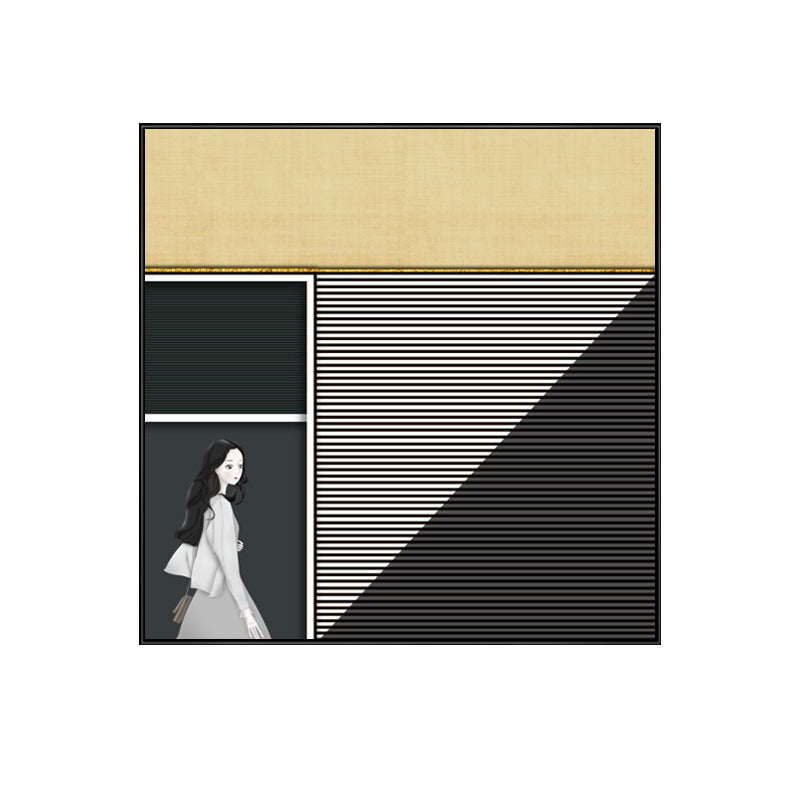 Vivolux | Walking Young Girl Wanddekor in Schwarz zeitgenössischem Stil Leinwand für das Wohnzimmer