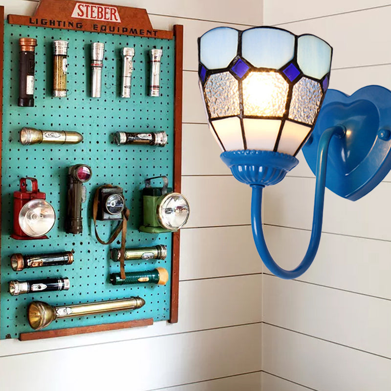 Vivolux | 1 Kopf Badezimmer Wandleuchte Tiffany Blau/Weiß/Antik Messing Wandmontierte Leuchte mit Kuppel-Dimple-Glas-Schirm