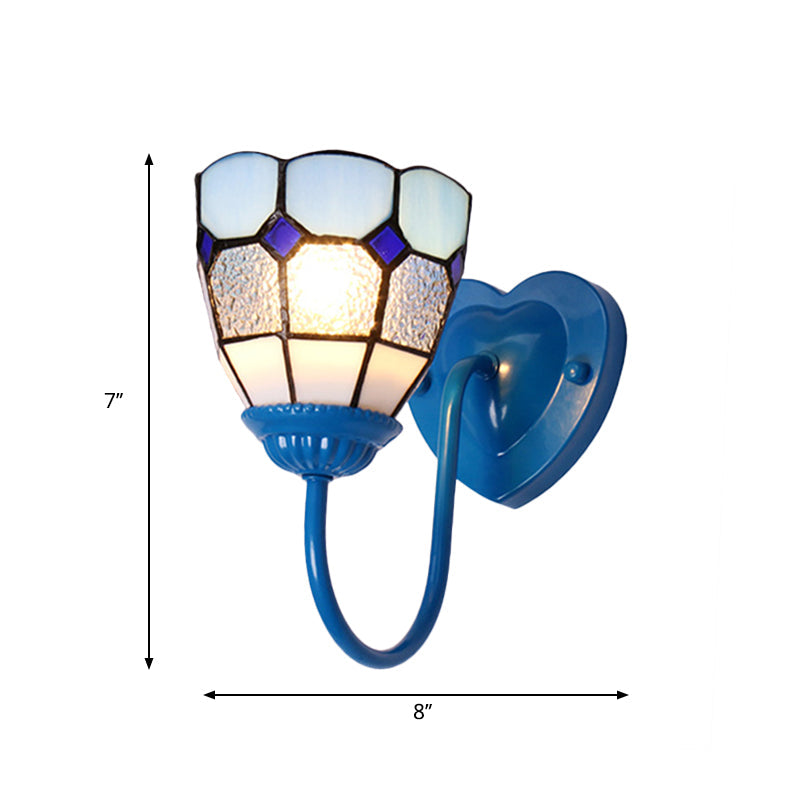 Vivolux | 1 Kopf Badezimmer Wandleuchte Tiffany Blau/Weiß/Antik Messing Wandmontierte Leuchte mit Kuppel-Dimple-Glas-Schirm