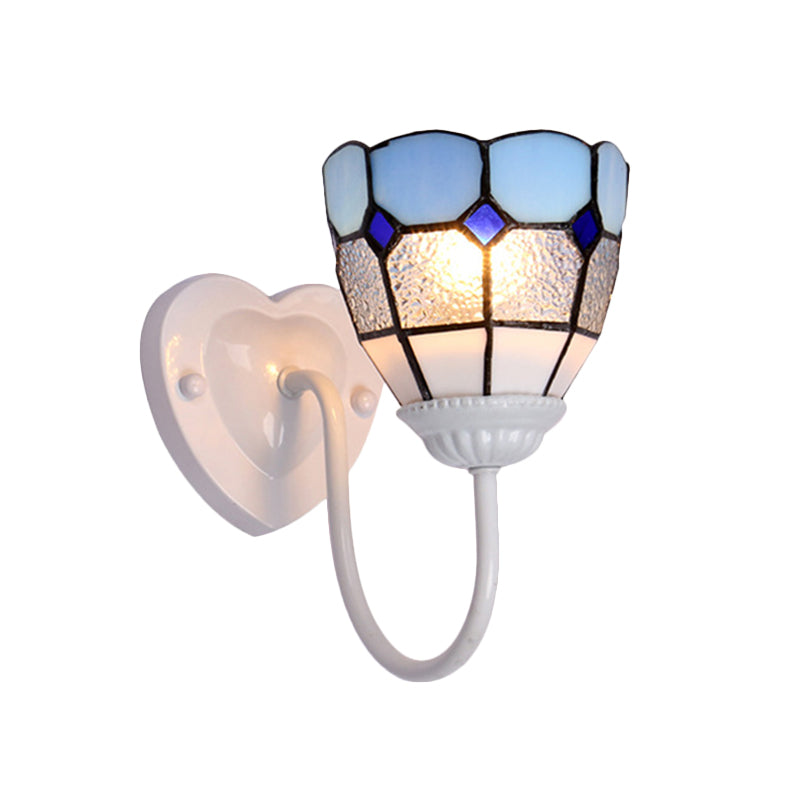 Vivolux | 1 Kopf Badezimmer Wandleuchte Tiffany Blau/Weiß/Antik Messing Wandmontierte Leuchte mit Kuppel-Dimple-Glas-Schirm