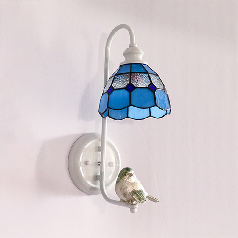 Vivolux | 1 Kopf Schlafzimmer Wandlicht Mediterran Blau-Weiß/Beige/Blaue-Klar Wandleuchte mit Kegel/Dome Buntglasschirm