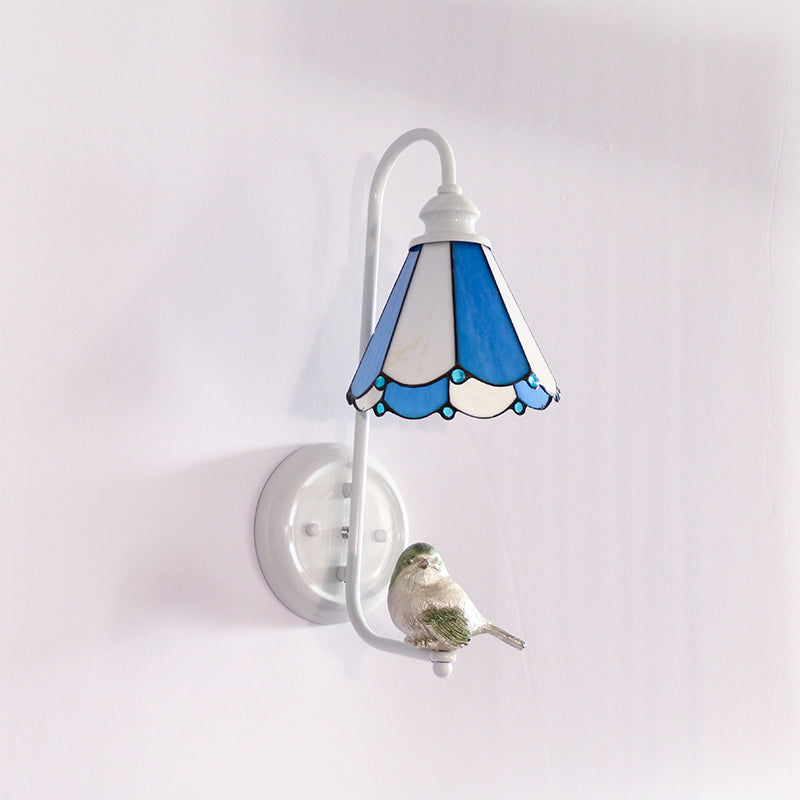 Vivolux | 1 Kopf Schlafzimmer Wandlicht Mediterran Blau-Weiß/Beige/Blaue-Klar Wandleuchte mit Kegel/Dome Buntglasschirm