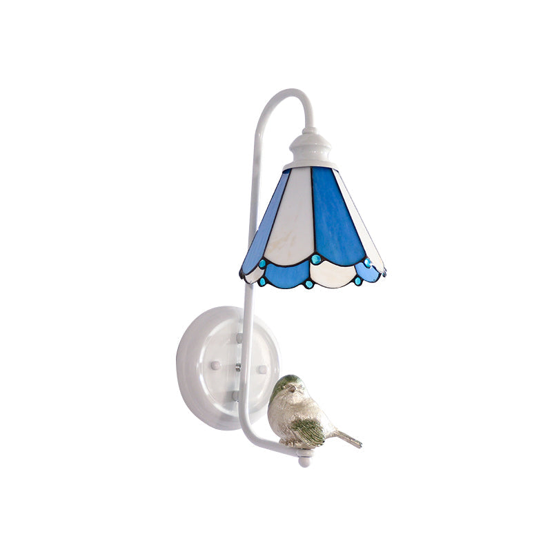Vivolux | 1 Kopf Schlafzimmer Wandlicht Mediterran Blau-Weiß/Beige/Blaue-Klar Wandleuchte mit Kegel/Dome Buntglasschirm