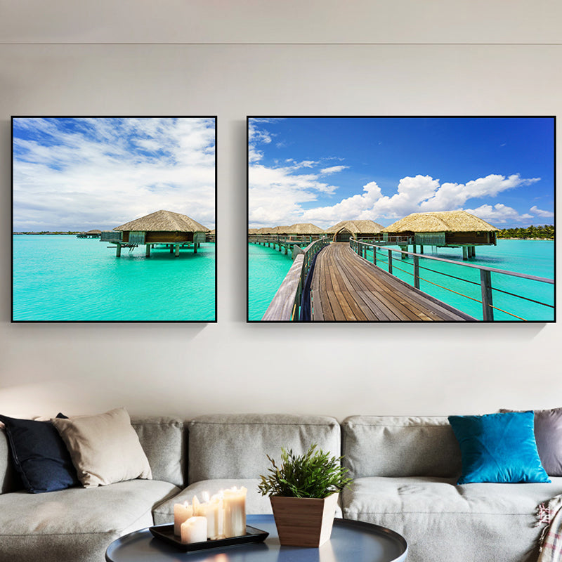 Vivolux | Tropics Sea Bridge Scenery Canvas Pastellfarbe Mehrteiliges Wandkunstdruck für das Wohnzimmer