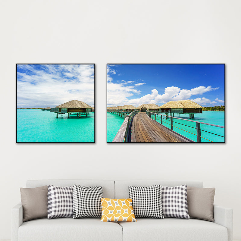 Vivolux | Tropics Sea Bridge Scenery Canvas Pastellfarbe Mehrteiliges Wandkunstdruck für das Wohnzimmer