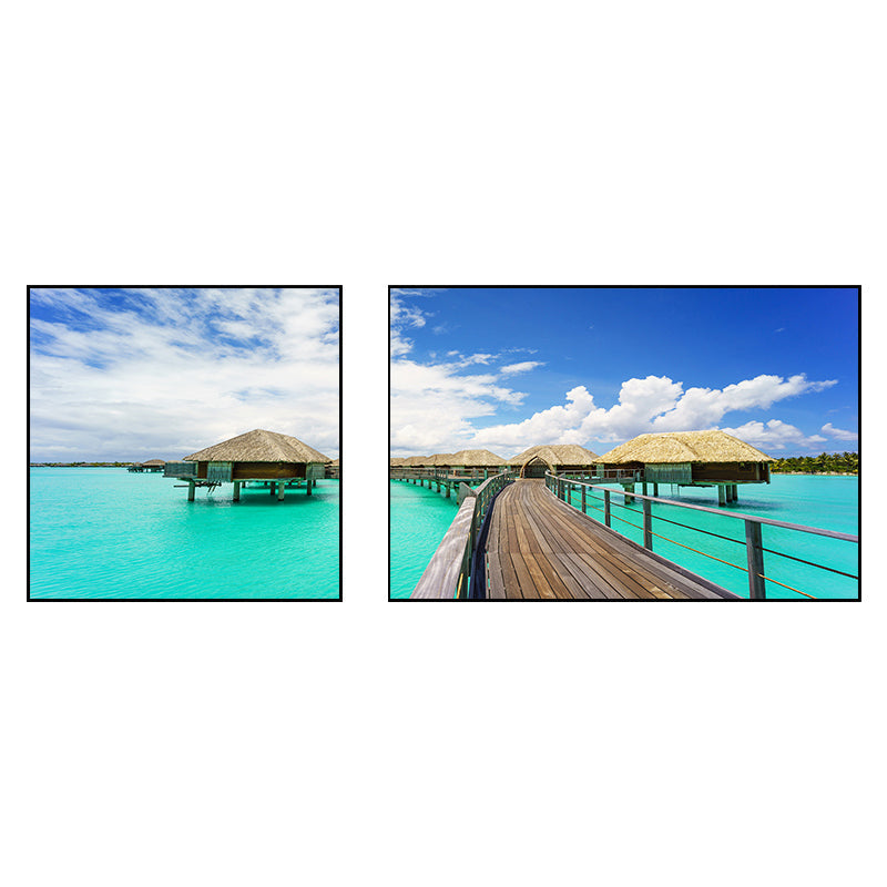Vivolux | Tropics Sea Bridge Scenery Canvas Pastellfarbe Mehrteiliges Wandkunstdruck für das Wohnzimmer