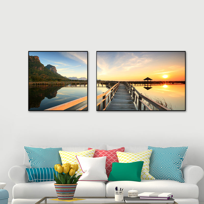 Vivolux | Tropics Sea Bridge Scenery Canvas Pastellfarbe Mehrteiliges Wandkunstdruck für das Wohnzimmer