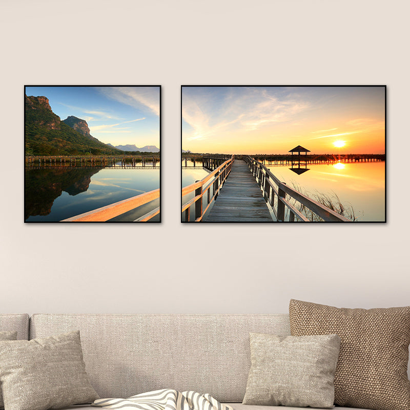 Vivolux | Tropics Sea Bridge Scenery Canvas Pastellfarbe Mehrteiliges Wandkunstdruck für das Wohnzimmer