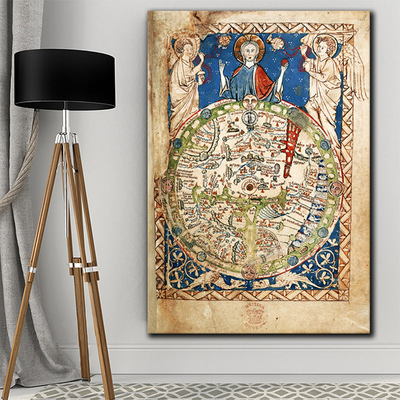 Vivolux | Religiöse Weltkarte Gemälde in Blau Jugendstil Wanddekoration für das Esszimmer