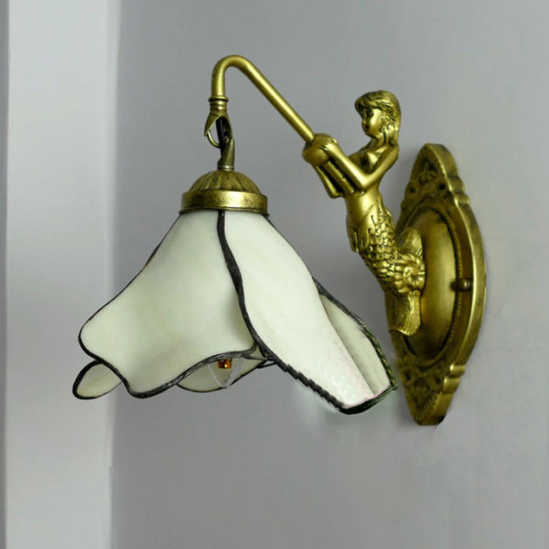Vivolux | 1 Kopf Blüten Wandmontage Beleuchtung Tiffany Blau/Klar/Rosa Glas Wandlampe mit Meerjungfrauen Rückplatte