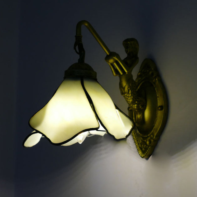 Vivolux | 1 Kopf Blüten Wandmontage Beleuchtung Tiffany Blau/Klar/Rosa Glas Wandlampe mit Meerjungfrauen Rückplatte