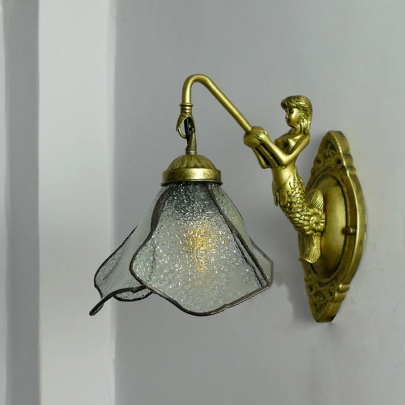 Vivolux | 1 Kopf Blüten Wandmontage Beleuchtung Tiffany Blau/Klar/Rosa Glas Wandlampe mit Meerjungfrauen Rückplatte