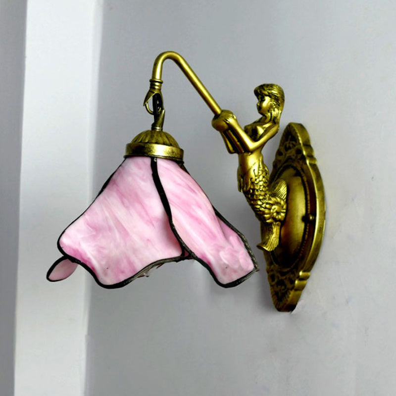 Vivolux | 1 Kopf Blüten Wandmontage Beleuchtung Tiffany Blau/Klar/Rosa Glas Wandlampe mit Meerjungfrauen Rückplatte