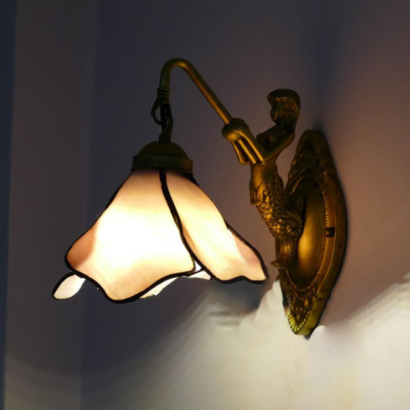 Vivolux | 1 Kopf Blüten Wandmontage Beleuchtung Tiffany Blau/Klar/Rosa Glas Wandlampe mit Meerjungfrauen Rückplatte