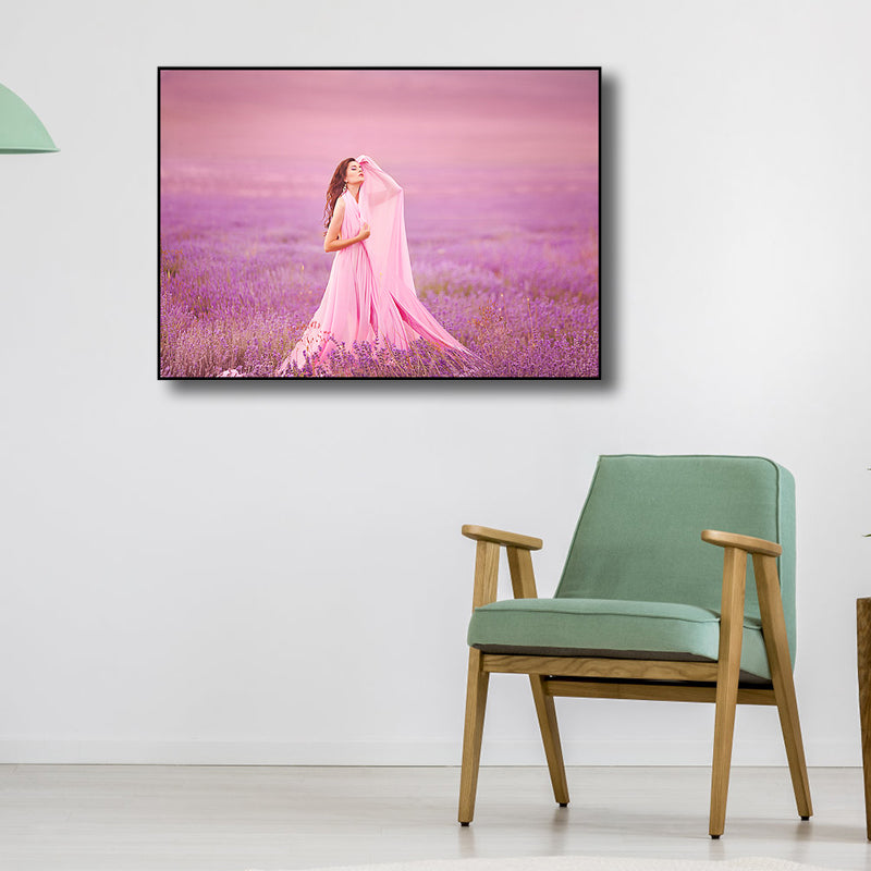 Vivolux | Rosa Moderner Stil Leinwanddruck Fotografie Frau im Lavendelfeld Wandkunst für Raum