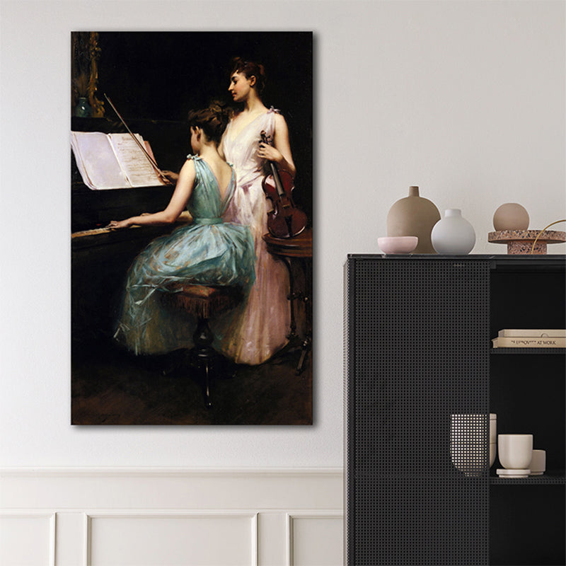 Vivolux | Ölgemälde Renaissance Leinwand Kunst Mädchen und Instrumente in Weiß, multiple Größen