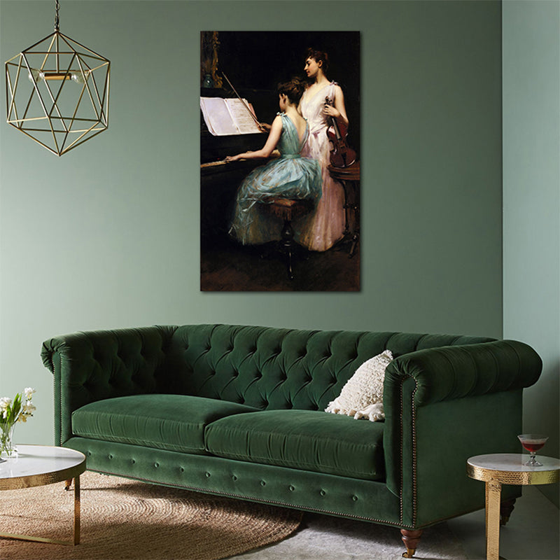 Vivolux | Ölgemälde Renaissance Leinwand Kunst Mädchen und Instrumente in Weiß, multiple Größen