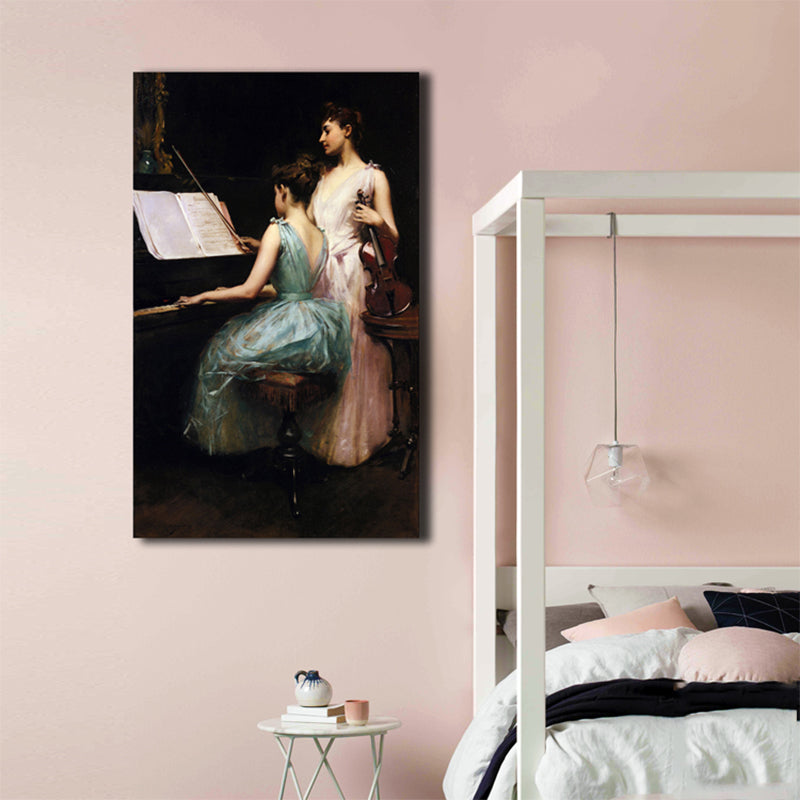 Vivolux | Ölgemälde Renaissance Leinwand Kunst Mädchen und Instrumente in Weiß, multiple Größen