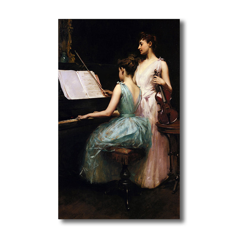 Vivolux | Ölgemälde Renaissance Leinwand Kunst Mädchen und Instrumente in Weiß, multiple Größen