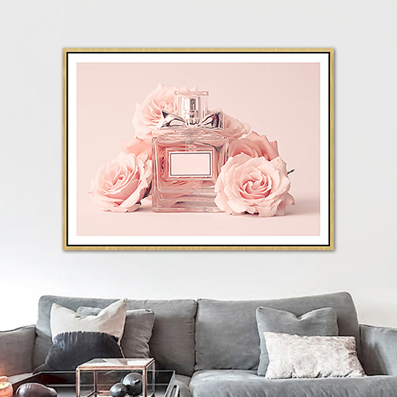 Vivolux | Rosa Florale Parfüm Leinwanddruck Fotografie Glam Stil Texturiertes Gemälde für Schlafzimmer