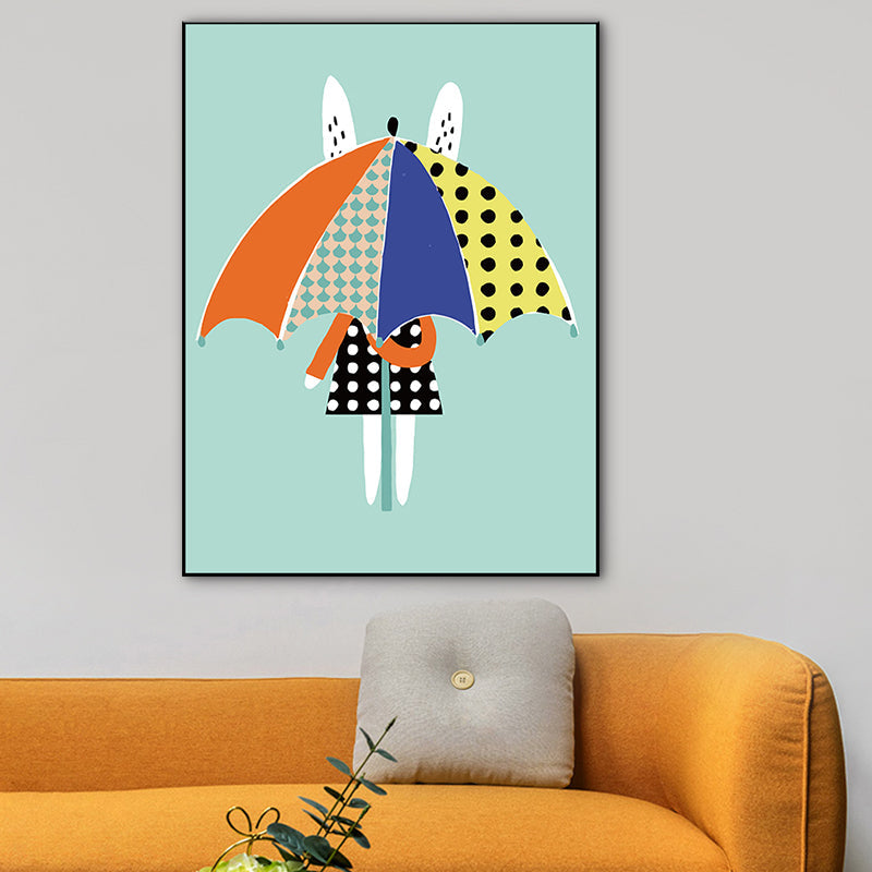 Vivolux | Nordic Rabbit mit Regenschirm Wandkunst Blau Stillleben Leinwanddruck für Esszimmer