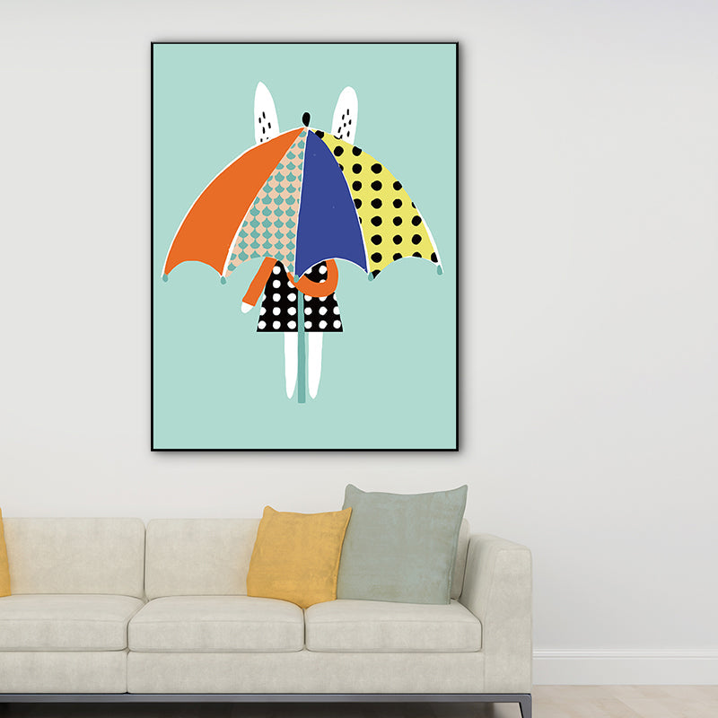 Vivolux | Nordic Rabbit mit Regenschirm Wandkunst Blau Stillleben Leinwanddruck für Esszimmer