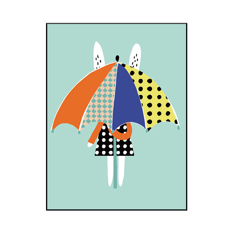 Vivolux | Nordic Rabbit mit Regenschirm Wandkunst Blau Stillleben Leinwanddruck für Esszimmer