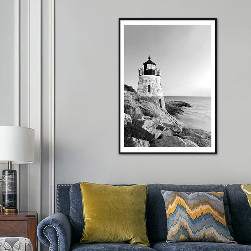 Vivolux | Vintage Seaside Lighthouse Kunstdruck Leinwand Graues Gebäude Wanddekoration, Mehrere Größen verfügbar