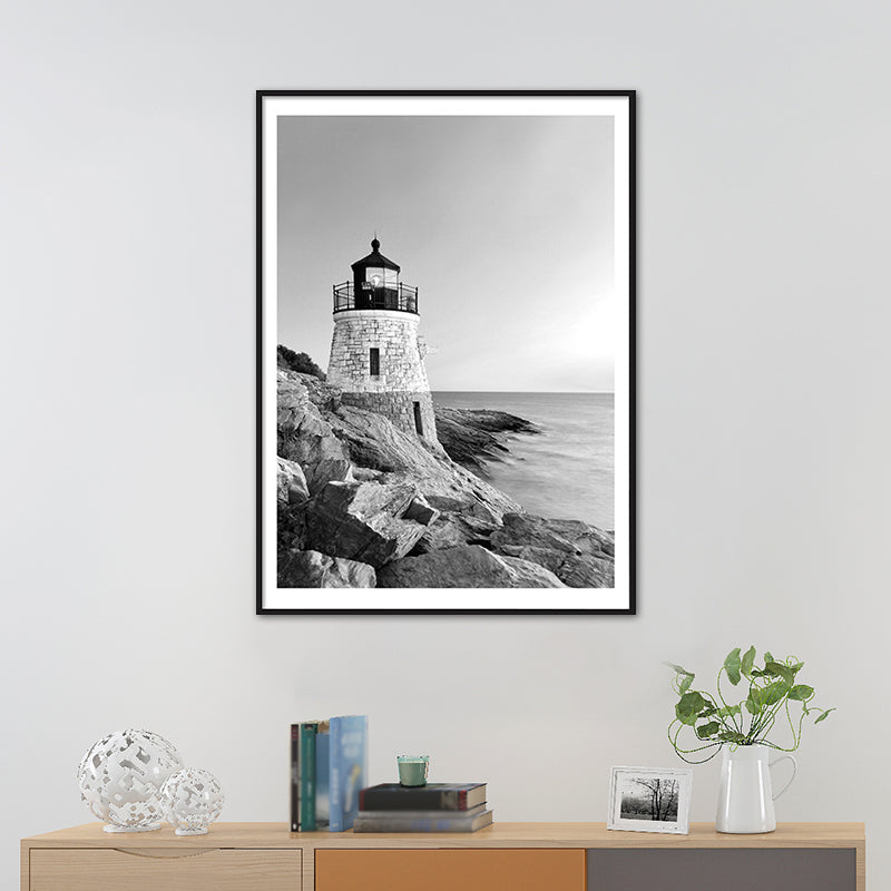 Vivolux | Vintage Seaside Lighthouse Kunstdruck Leinwand Graues Gebäude Wanddekoration, Mehrere Größen verfügbar