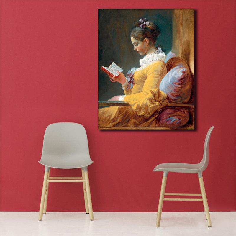 Vivolux | Renaissance Reading Girl Kunstdruck Leinwand Texturiert Gelbe Wanddekoration für Badezimmer