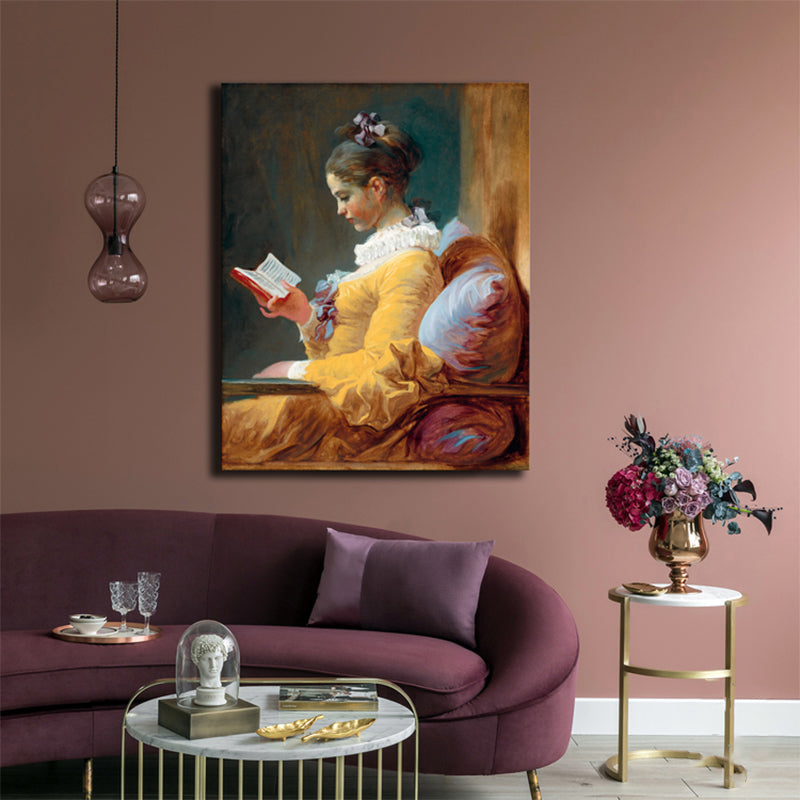 Vivolux | Renaissance Reading Girl Kunstdruck Leinwand Texturiert Gelbe Wanddekoration für Badezimmer