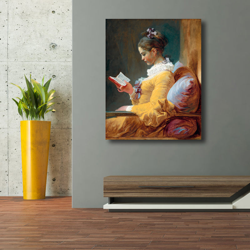 Vivolux | Renaissance Reading Girl Kunstdruck Leinwand Texturiert Gelbe Wanddekoration für Badezimmer