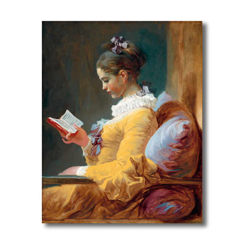 Vivolux | Renaissance Reading Girl Kunstdruck Leinwand Texturiert Gelbe Wanddekoration für Badezimmer