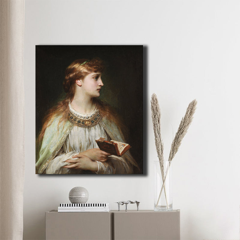 Vivolux | Renaissance Reading Girl Kunstdruck Leinwand Texturiert Gelbe Wanddekoration für Badezimmer