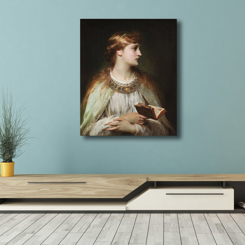 Vivolux | Renaissance Reading Girl Kunstdruck Leinwand Texturiert Gelbe Wanddekoration für Badezimmer