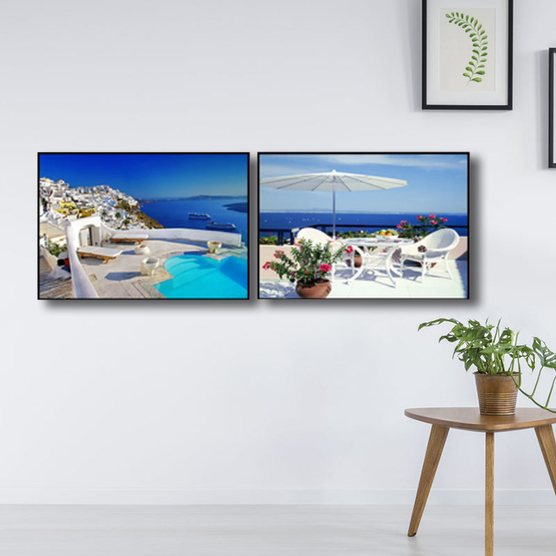 Vivolux | Terrasse mit Meerblick Leinwand Schlafzimmer Foto Seelandschaft Wanddekoration Druck in Blau, Set von 2