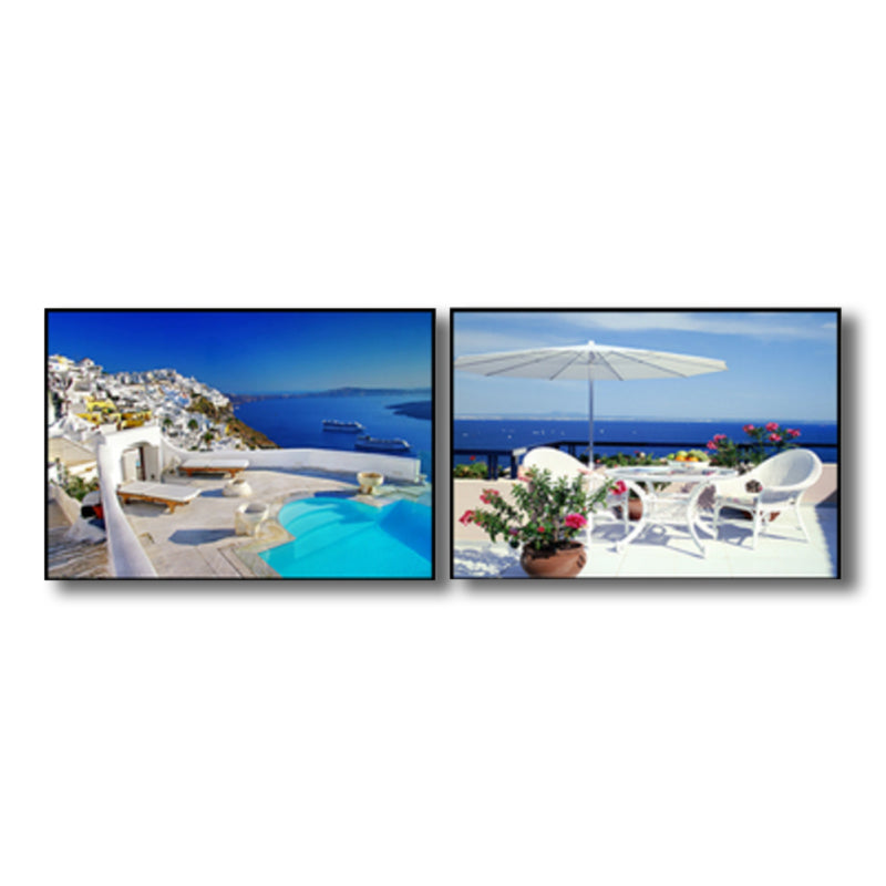 Vivolux | Terrasse mit Meerblick Leinwand Schlafzimmer Foto Seelandschaft Wanddekoration Druck in Blau, Set von 2