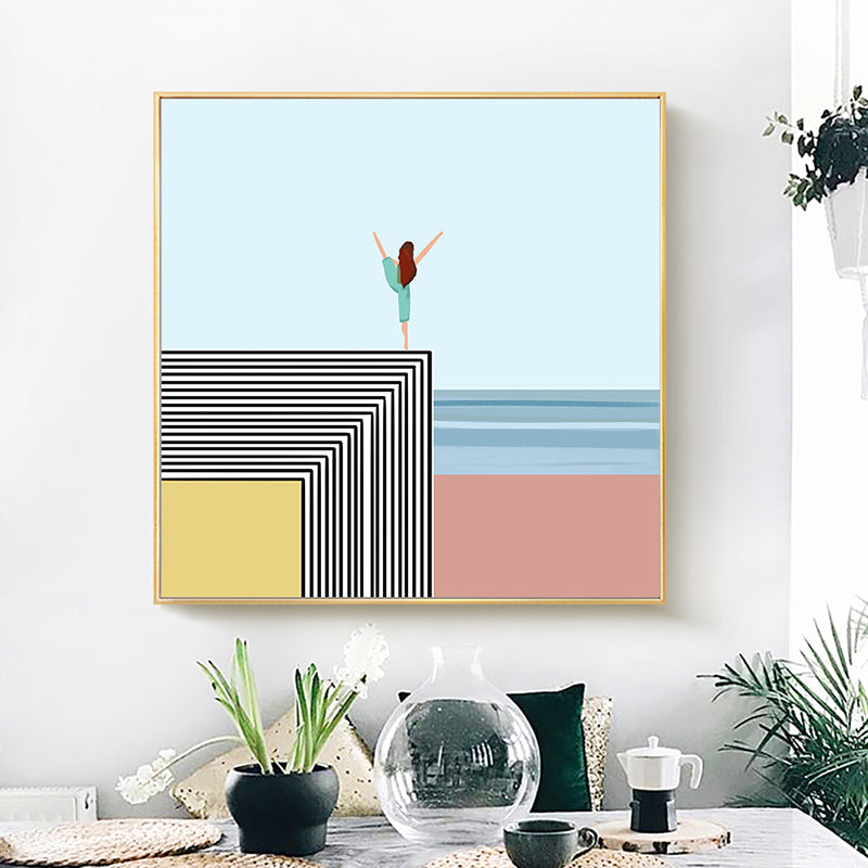 Vivolux | Nordic Morning Yoga Canvas Art Blau-Orange Strandlandschaft Wanddekor für Hausinterieur