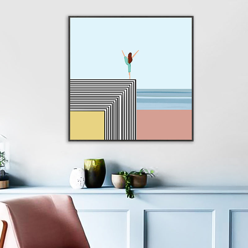 Vivolux | Nordic Morning Yoga Canvas Art Blau-Orange Strandlandschaft Wanddekor für Hausinterieur