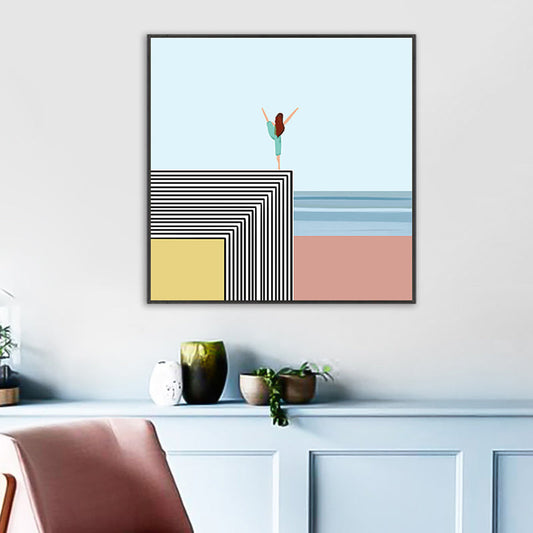 Vivolux | Nordic Morning Yoga Canvas Art Blau-Orange Strandlandschaft Wanddekor für Hausinterieur
